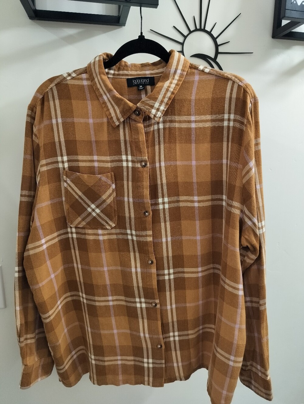 La La Land Women's M Skeletons Flannel Boyfriend Shirt - Brown Plaid